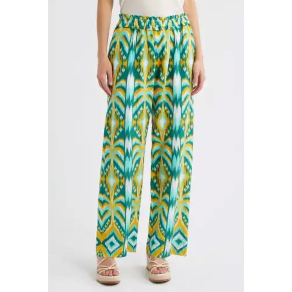 NWT Farm Rio Tropical Tapestry Low Waist Pull On Pant Teal Yellow Ikat Linen XXS